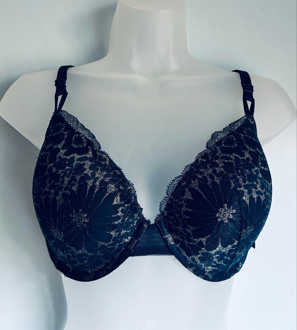 Victoria's Secret T-Shirt Bra 34DD Dark Blue & Silver Floral Pattern Threading